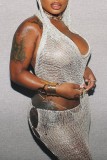 Silver Sexy Solid Hollowed Out Backless Hooded Collar Sleeveless Two Pieces