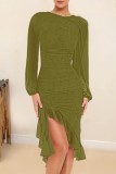 Army Green Casual Solid Patchwork O Neck Long Sleeve Dresses
