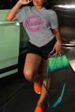 Pink Casual Letter Print Basic O Neck Short Sleeve Two Pieces