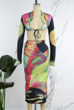 Multicolor Sexy Casual Print Frenulum V Neck Long Sleeve Two Pieces