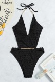 Black Sexy Solid Bandage Patchwork Chains Backless Swimwears (With Paddings)