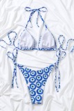 Blue Sexy Print Bandage Backless Swimwears (With Paddings)