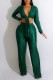Green Casual Solid Frenulum V Neck Long Sleeve Two Pieces