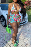 Rose Red Sexy Print Bandage Backless Swimwears(Two Pieces)