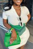 Green Casual Patchwork Contrast Turndown Collar Short Sleeve Dress