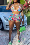 Rose Red Sexy Print Bandage Backless Swimwears(Two Pieces)