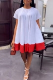 Rose Red Casual Solid Patchwork O Neck Short Sleeve Dress