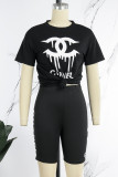 Black Street Print Letter O Neck Short Sleeve Two Pieces