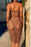 Brown Sexy Solid Bandage Hollowed Out See-through Backless Swimwears Cover Up