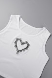 White Casual Solid Patchwork Rhinestone O Neck Tops