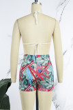Rose Red Sexy Print Bandage Backless Swimwears(Two Pieces)
