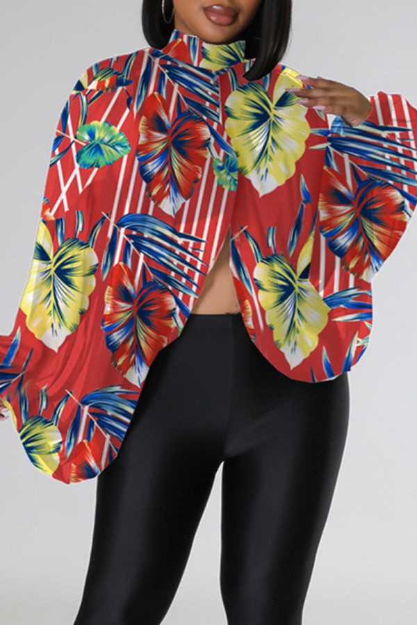 Red Casual Print Slit Turtleneck Tops
