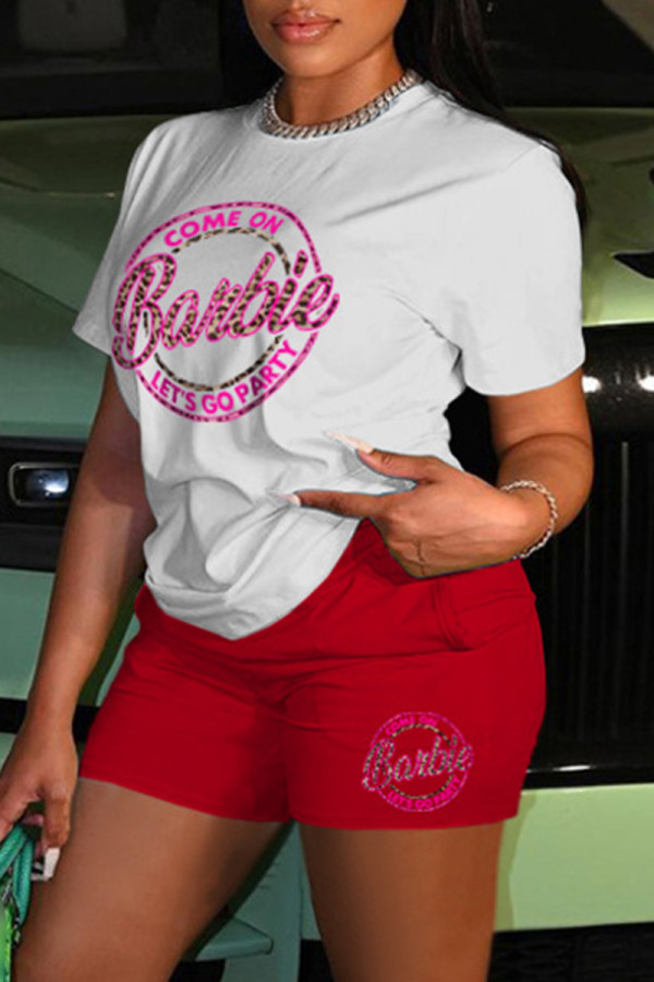 White Red Casual Letter Print Basic O Neck Short Sleeve Two Pieces