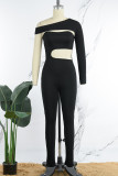 Grey Sexy Solid Hollowed Out Patchwork Oblique Collar Skinny Jumpsuits