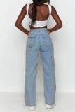 Black Casual Solid Ripped High Waist Straight Denim Jeans