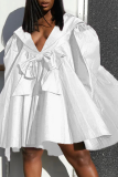 White Sweet Solid Patchwork Buttons With Bow V Neck Straight Dresses