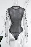 Pink Sexy Letter Patchwork Mesh O Neck Skinny Bodysuits