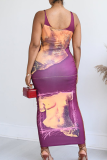 Yellow Purple Print Patchwork Backless U Neck Wrapped Skirt Dresses