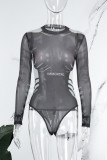 Pink Sexy Letter Patchwork Mesh O Neck Skinny Bodysuits