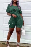Khaki Casual Print Letter O Neck Short Sleeve Two Pieces