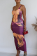 Yellow Purple Print Patchwork Backless U Neck Wrapped Skirt Dresses