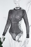 Pink Sexy Letter Patchwork Mesh O Neck Skinny Bodysuits