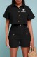 Black Elegant Print Letter Turndown Collar Short Sleeve Two Pieces