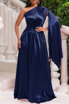 Deep Blue Casual Solid Fold Oblique Collar Long Dress Dresses