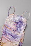 Purple Yellow Sexy Print Backless Spaghetti Strap Sleeveless Dress Dresses