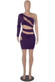 Purple Sexy Solid Hollowed Out Patchwork Oblique Collar One Step Skirt Dresses