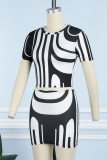 Black White Street Print Patchwork O Neck Sleeveless Two Pieces