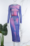 Powder Blue Sexy Casual Print See-through O Neck Long Sleeve Two Pieces