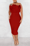 Red Elegant Solid Patchwork Feathers Backless Strapless Wrapped Skirt Dresses