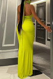 Yellow Sexy Solid Bandage Patchwork Backless Halter Wrapped Skirt Dresses