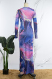 Purple Casual Print Basic O Neck Long Sleeve Dresses