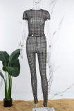 Black Sexy Dot Print See-through O Neck Short Sleeve Two Pieces