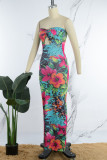 Multicolor Sexy Casual Print Hollowed Out Backless Strapless Long Dress Dresses