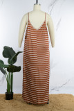 Light Brown Casual Striped Print Backless Spaghetti Strap One Step Skirt Plus Size Dresses