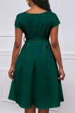 Ink Green Casual Solid Patchwork V Neck A Line Dresses