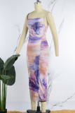 Purple Yellow Sexy Print Backless Spaghetti Strap Sleeveless Dress Dresses