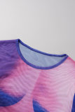 Powder Blue Sexy Casual Print See-through O Neck Long Sleeve Two Pieces