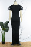 Red Casual Patchwork Hot Drilling Slit V Neck Long Dress Dresses