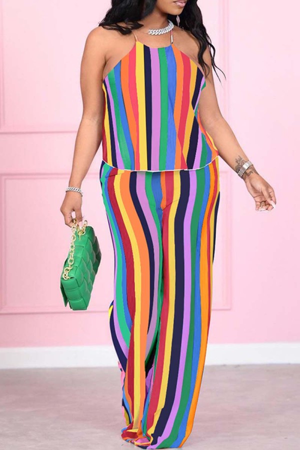 Orange Sexy Casual Striped Print Basic Spaghetti Strap Sleeveless Two Pieces
