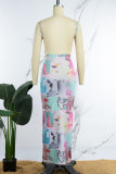 Colour Sexy Print Backless Spaghetti Strap Long Dress Dresses