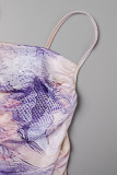 Purple Yellow Sexy Print Backless Spaghetti Strap Sleeveless Dress Dresses