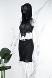 Grey Sexy Solid Asymmetrical Hooded Collar Sleeveless Two Pieces