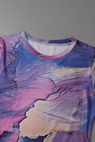 Purple Casual Print Basic O Neck Long Sleeve Dresses
