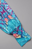 Peacock Blue Sexy Print Frenulum V Neck Long Sleeve Two Pieces
