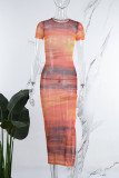 Orange Sexy Print See-through Slit O Neck Short Sleeve Dress