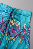 Peacock Blue Sexy Print Frenulum V Neck Long Sleeve Two Pieces